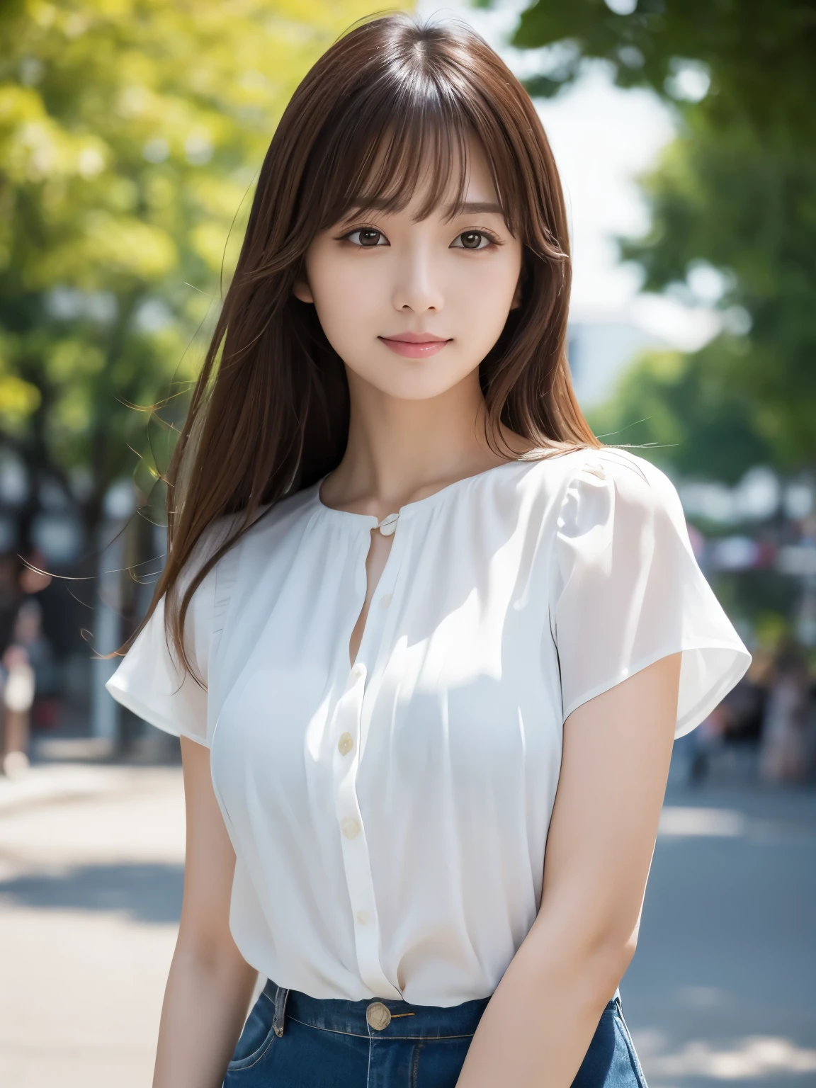 masterpiece, One beautiful woman, Fine Eyes, Puffy eyes, highest quality, Super A High resolution, (Realistic: 1.4), Cinema Lighting, Japanese, Asian Beauty, so beautiful, Beautiful Skin, thin , (Surreal), (High resolution), (8k), (High resolution), (Beautiful and detailed), (Very detailed), (wallpaper), Detailed face, Bright lighting, Professional Lighting, art (The costume is a short-sleeved blouse.), Very long hair, Messy Hair, Asymmetrical bangs, Brown Hair, Japanese Idol, Korean Idol, Idol Pose, 30 years old, expensive, smile, Park background in the afternoon, ((Forward posture)),