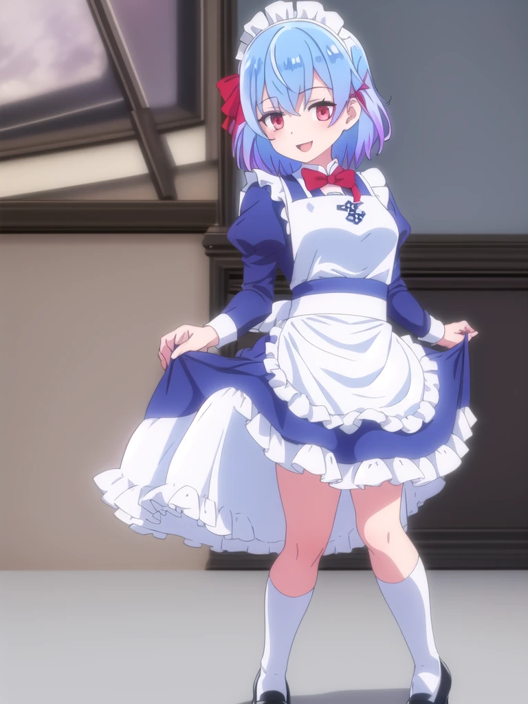 ((Best quality))), ((Ultra-detailed)), ((illustration)), ((Disheveled hair)), ((frilld)), (1 girl), (Solo),
1girl, lifted_by_self, looking_at_viewer, open_mouth, solo, rating:safe, apron, black_footwear, black_shoes, clothes_pull, clothing, :d, female, footwear, legwear, short_hair, maid, maid_apron, makaria, open-mouth_smile, puffy_sleeves, shoes, skirt, skirt_hold, skirt_lift, skirt_pull, maid_skirt, smile, standing, white_legwear
blue_hair,red_eyes,