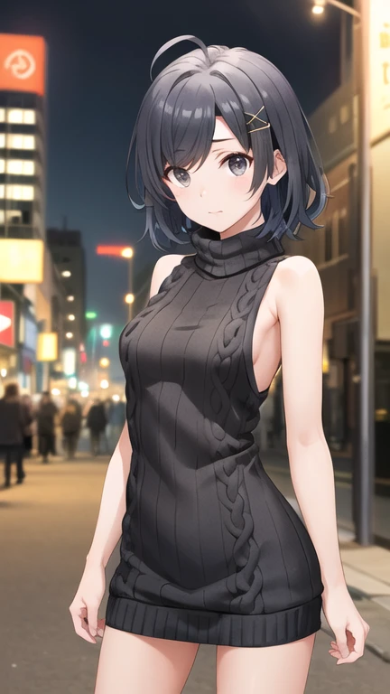 masterpiece, best quality, highres, Hikigaya Komachi, short hair, ahoge, black eyes, hairclip, x hair ornament, sweater dress, sleeveless, turtleneck, ribbed sweater, night, street, standing, cowboy shot,