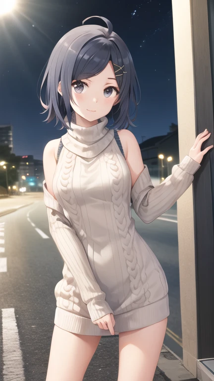 masterpiece, best quality, highres, Hikigaya Komachi, short hair, ahoge, black eyes, hairclip, x hair ornament, sweater dress, sleeveless, turtleneck, ribbed sweater, night, street, standing, cowboy shot,