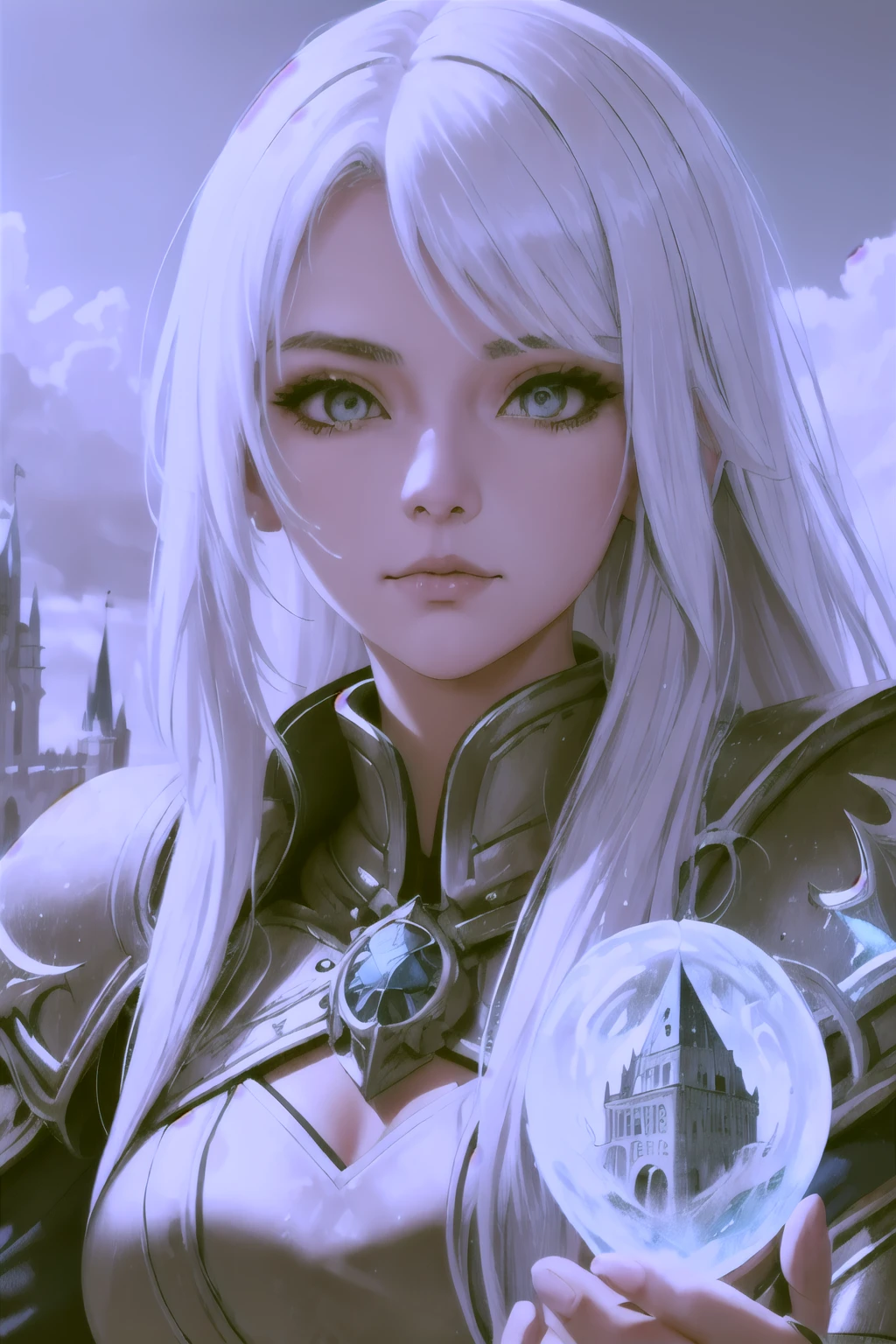 ((high quality:1.2, masterpiece:1.2)), 1girl, beautiful face, white hair, grey eyes, dynamic pose, (death knight, fantasy), (face shot, upper body), fantasy, (noon, ice castle background:1.2), majestic clouds, absurdres, high details, detailed and intricate, best lighting, sharp focus, realistic lighting