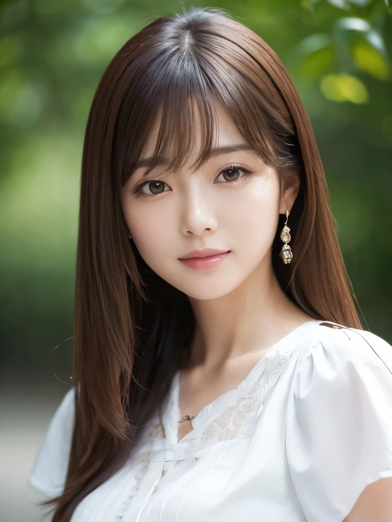 masterpiece, One beautiful woman, Fine Eyes, Puffy eyes, highest quality, Super A High resolution, (Realistic: 1.4), Cinema Lighting, Japanese, Asian Beauty, so beautiful, Beautiful Skin, thin , (Surreal), (High resolution), (8k), (High resolution), (Beautiful and detailed), (Very detailed), (wallpaper), Detailed face, Bright lighting, Professional Lighting, art (The costume is a short-sleeved blouse.), Long Hair, Messy Hair, Asymmetrical bangs, Brown Hair, Japanese Idol, Korean Idol, Idol Pose, 33 years old, expensive, smile, Park background in the afternoon, ((Forward posture)),