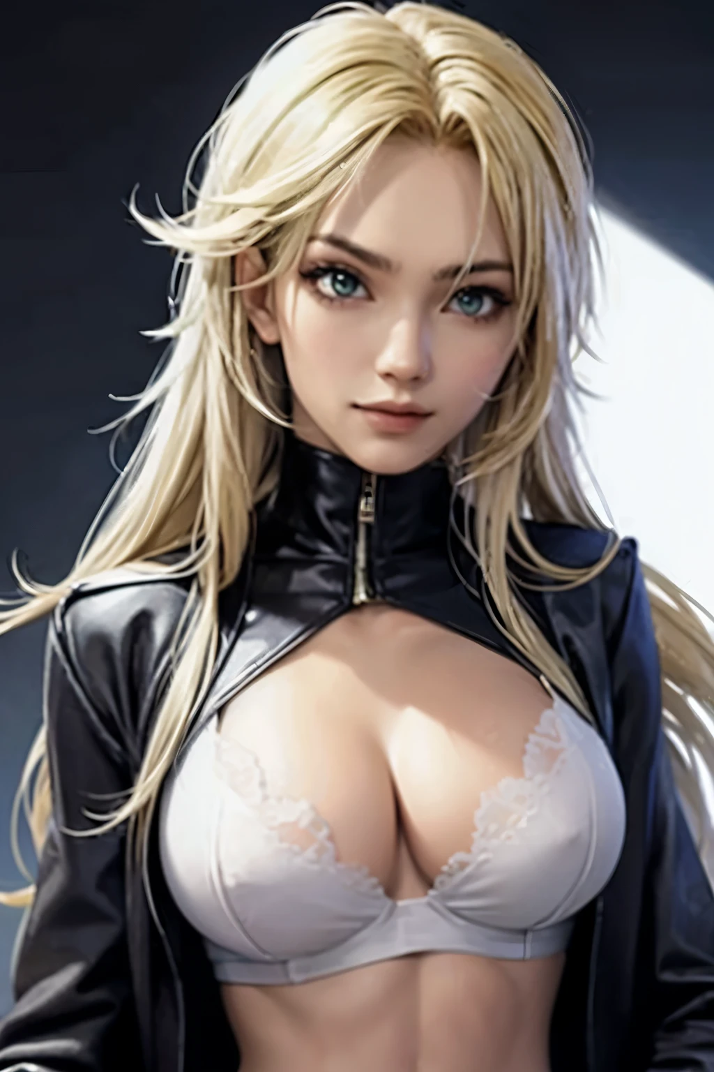 Leo de Tekken de sai curta preto, cabelos curtos loiros e olhos verdes claros, in a white blouse with low neckline and black bra, sorriso cativante, olhar sensual 