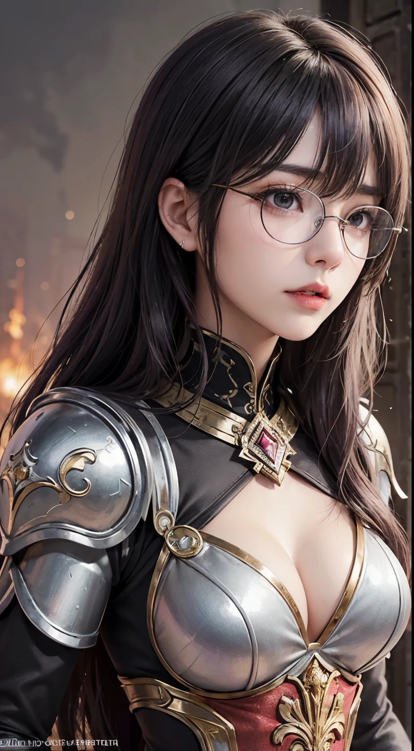 background(Black Night Sky,Big Moon),Woman close up,Wearing armor、Purple Hair,Very long hair,very thick braids,Purple eyes,big 、((((Glasses))))、realistic girl rendering, 8k artistic german bokeh, Enchanting girl, Realistic girl, Gurwitz, Gurwitz-style artwork, Girl Roleplay, Realistic 3d style, cgstation Popular Topics,, 8K Portrait Rendering,(truth,truth:1.4),Put on your armor,巨big ,Sparkling eyes,Purple eyes、 1. Goddess of War, A temple in the ruins of a ruined empire々Standing Up Together, (Dynamic posture: 1.3), Thick armor reveals the heart of the conflict, (Finer details), Shine, Places with strong light, (armor of historical importance:1.2), Shine Metal Armor, ((((Glasses))))、(Shine magic symbol on armor:1.3), (There was magic all around her.:1.3), Long black hair waving in the wind in every detail, Detailed Weapon Holding, (Sharp Sword, Shine:1.3), Shine eyes filled with determination and vision, ((Silver Armor)), A shield that reproduces the symbol of immovability with ultra-precision., (intense expression:1.1), (After her, A new empire is soaring into the sky: 1.4), (Light is、Highlighting her dominance and rebirth behind the scenes:1.4), (Fiery red flags fluttered:1.1), (The wind carries whispers of new beginnings:1.1), (Wisdom and Regeneration:1.2), (Strong stance:1.2), (Overwhelming Mystical Power:1.2), alone, (Shine sweat:1.1), gem armor, (The contrast between silver and gold:1.3), (The overall red color covers the scenery:1.4)"