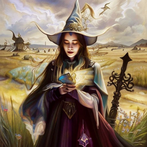 painting of a woman in a witch costume standing in a field, a witch, classical witch, bright witch, granny weatherwax, portrait of a witch, witch, portrait of a young witch, witch woman, the witch conjure, portrait of a young witch girl, female wizard, witch girl, middle-aged witch, a young female wizard, witchy