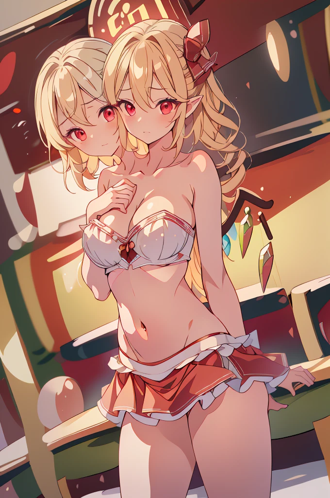 (masterpiece, best quality), best quality, best resolution, (ultra-detailed), (3heads:1.5), 1girl, (flandre scarlet :1.3), masterpiece, best quality, ultra quality, ultra resolution, ultra detail, red top, crop top, ((stomach)), midriff, ((groin)), red skirt, normal ears, shackles, blonde hair, very long hair, wavy hair, sidelocks, red eyes, parted lips, sweat, cute, toned belly, hand on own chest, eyelashes, (23 year old woman:1.3), (masterpiece:1.5), (best quality:1.5), (beautiful detailed), extremely detailed CG, extremely delicate and beautiful, depth of field, (finely detailed face), (perfect details:1.2), (mature female:1.3), wide pelvis, slender, large veiny breast, 16k resolution, highres, high quality, high definition, extremely detailed, masterpiece, best quality, blonde hair, long hair, alluring presence, braid, short skirt, close up, big tits, young, small red bow, mobcap,