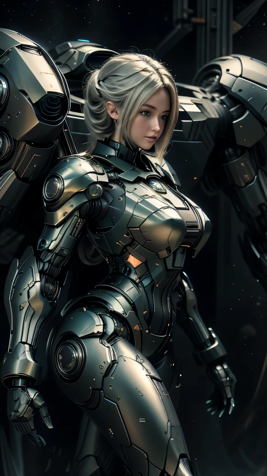 (8K), (best quality), (masterpiece: 1.2), (realistic), ultra detailed, (kiss), 1 girls, short hair, mecha-style robotic armor, beautiful detailed eyes, beautiful detailed nose, full body, breasts big, bewitching thighs erotic, woman, white hair battlefield Alien battlefield