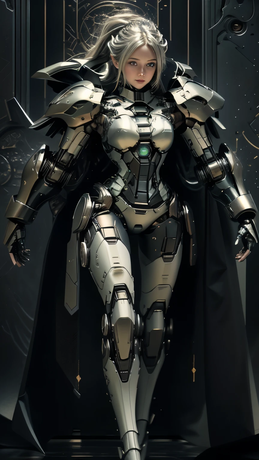 (8K), (best quality), (masterpiece: 1.2), (realistic), ultra detailed, (kiss), 1 girls, short hair, mecha-style robotic armor, beautiful detailed eyes, beautiful detailed nose, full body, breasts big, bewitching thighs erotic, woman, white hair battlefield Alien battlefield