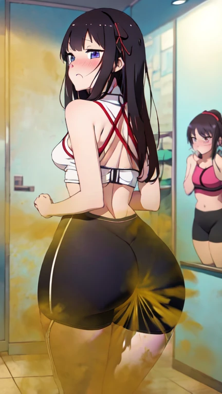2 Asian girls, anime girls, both farting together side by side, desperate to poop, farting while standing, farting in public changing room, wearing fencer suit, stomach bloated, hands hugging stomach, pained expression, shocked and embarrassed, mouth open in shock, sweating, blushing, beautiful and cute face, anime art style, fit body, tall and thin, view from back, legs open wide