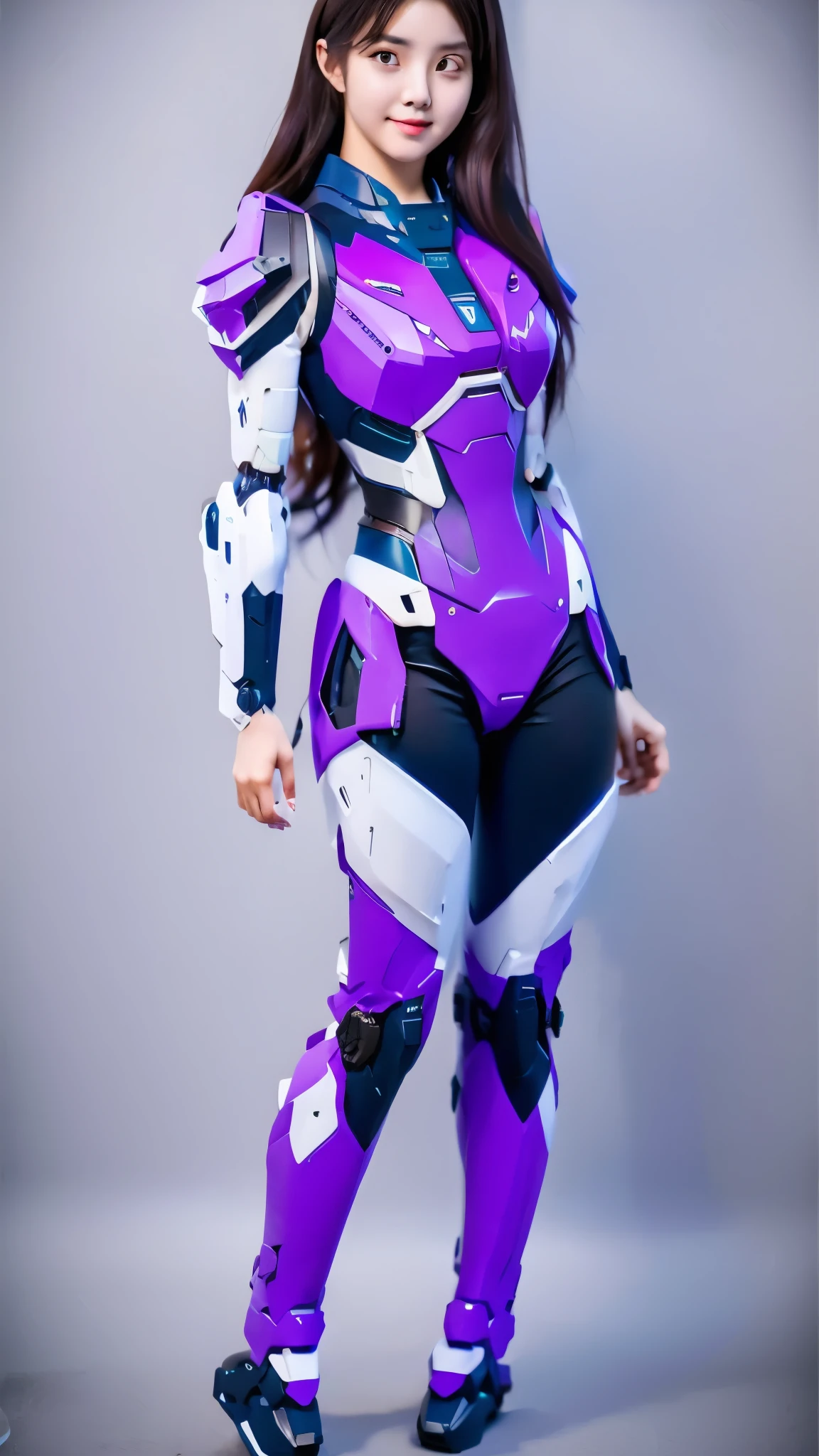 RAW, Masterpiece, Ultra Fine Photo,, Best Quality, Ultra High Resolution, Photorealistic, Sunlight, Full Body Portrait, Stunningly Beautiful,, Dynamic Poses, Delicate Face, Vibrant Eyes, a full body of a woman in a purple and white gundam custume, dybamic pose, long brown very very long hair rapunzel, girl in mecha cyber armor, portrait armored astronaut girl, d. va from overwatch, female mecha, on a gundam, gundam head, chiho aoshima color scheme, mobile suit, streamlined purple armor, fully robotic!! girl, realistic cosplay, gundam armor , full body, sit down, full body