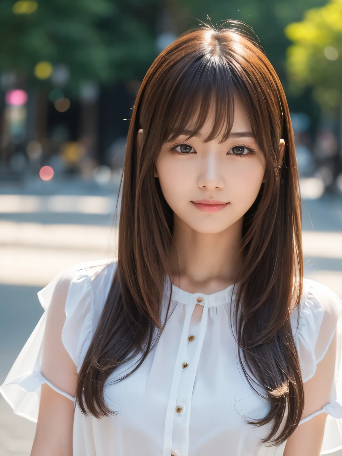 masterpiece, 1 beautiful girl, Fine Eyes, Puffy eyes, highest quality, Super A High resolution, (Realistic: 1.4), Cinema Lighting, Japanese, Asian Beauty, so beautiful, Beautiful Skin, thin , (Surreal), (High resolution), (8k), (High resolution), (Beautiful and detailed), (Very detailed), (wallpaper), Detailed face, Bright lighting, Professional Lighting, art (The costume is a short-sleeved blouse.), Very long hair, Messy Hair, Asymmetrical bangs, Brown Hair, Japanese Idol, Korean Idol, Idol Pose, 28 years old, expensive, smile, Park background in the afternoon, ((Forward posture)),
