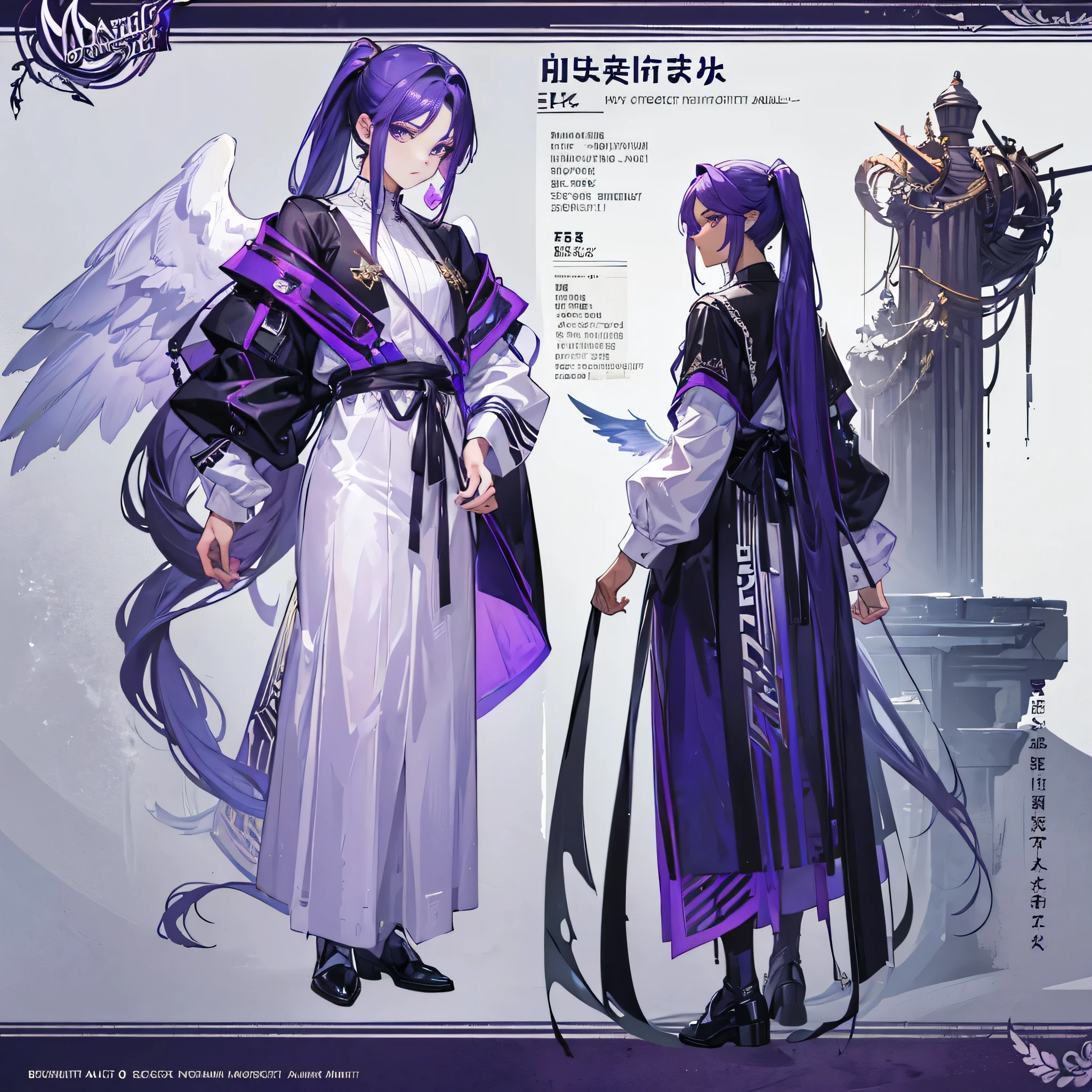 ((Masterpiece, Highest quality)), Male, boy, Detailed face, character design sheet，full bodyesbian, Full of details, frontal body view, back body view, Highly detailed, character sheet, reference sheet, character design, Many parts, dark skin, angel wings, purple hair, angel outfit, Muscle boy with purple long ponytail hair，handsome man, male angel , man tall, 