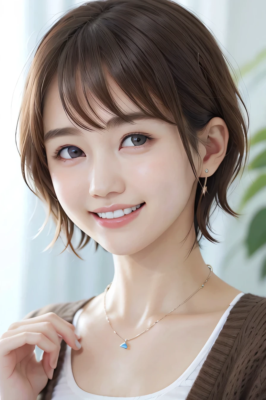 205 ((short hair)), 20-year-old female, In underwear、Put a cardigan over your shoulders、 A refreshing smile、Beautiful teeth alignment、Dark brown hair、ear piercing、Necklace around the neck、Looking into the camera