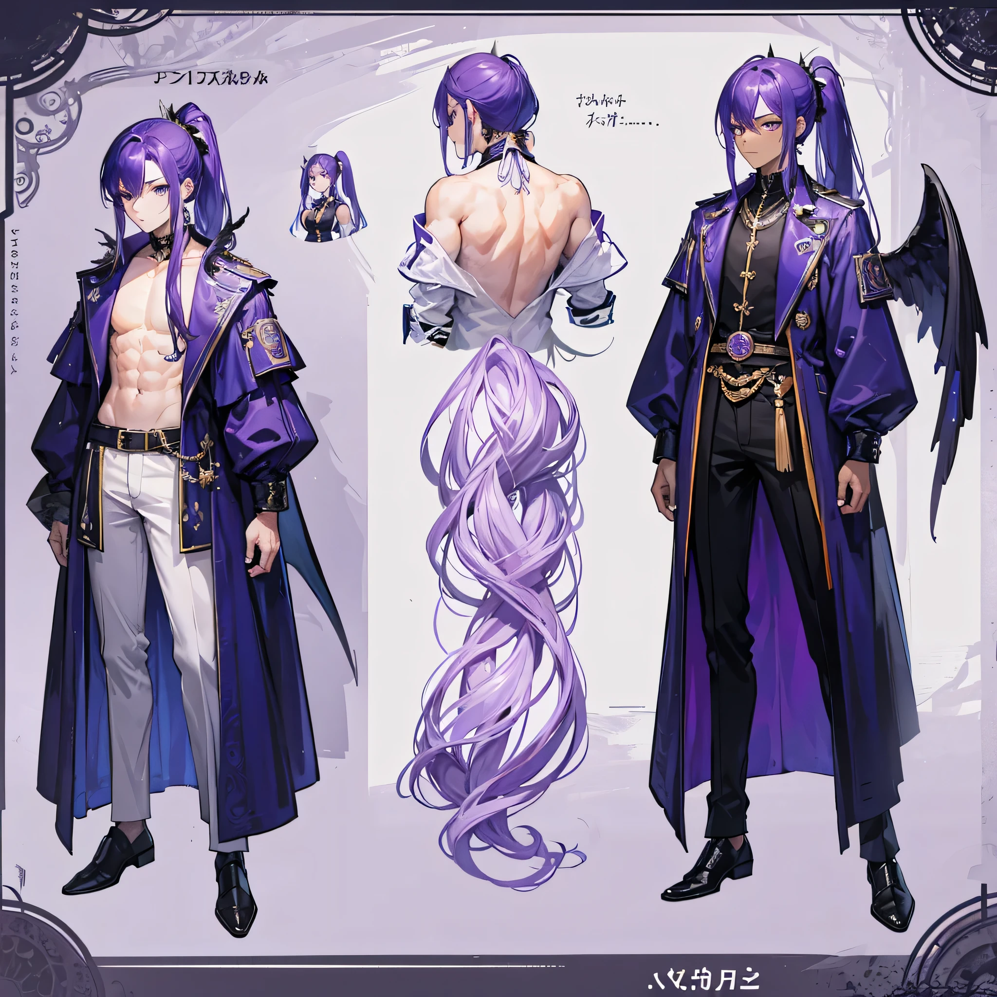 ((Masterpiece, Highest quality)), Male, boy, Detailed face, character design sheet,full bodyesbian, Full of details, frontal body view, back body view, Highly detailed, character sheet, reference sheet, character design, Many parts, dark skin, angel wings, purple hair, angel outfit, Muscle boy with purple long ponytail hair,handsome man, male angel , man tall,