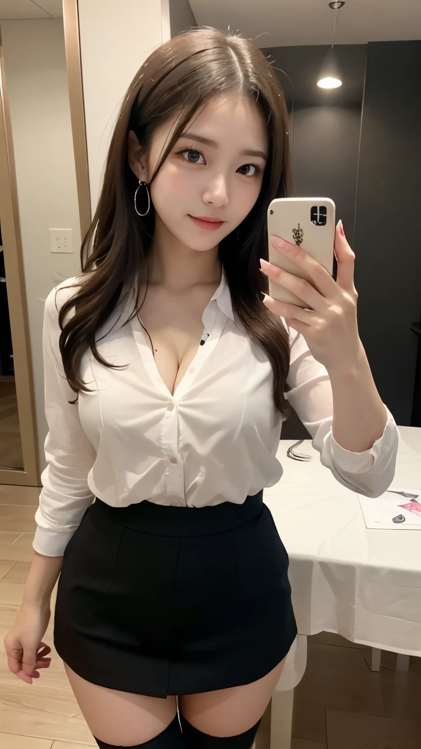 On the table、best quality、Photorealism、Finely、high resolution、８wallpaper、Perfect dynamic posture、Beautiful slender eyes and long hair、（Big plump breasts 1.3）、casual sexy pose、Random situations、Selfie Angle，Close Range，Looking at the camera，（White cut shirt、濃紺チェックのプリーツmini skirt）、、Gentle smile、20years old、（Perfect Eyes 1.3）、Mature adult beauties、Japanese、Full body portrait、Full body photo、mini skirt、プリーツmini skirt、Very large breasts、Showing cleavage、Black knee-high socks