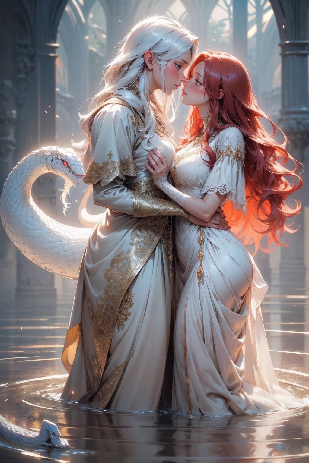 {-erro_de_anatomia:1.0}(best quality,4k,8k,highres,masterpiece:1.2), ultra-detailed, (realistic,photorealistic,photo-realistic:1.37), mature milf, illyasviel von einzbern, redhead hair, upper body, vibrant colors, glowing skin, mesmerizing eyes, brown eyes, elegant pose, enchanting background, delicate lace dress, surreal lighting, ethereal atmosphere, mystical aura, intricate details, artistic medium, digital illustration, fantasy, anime, walking on the water, kissing a white snake