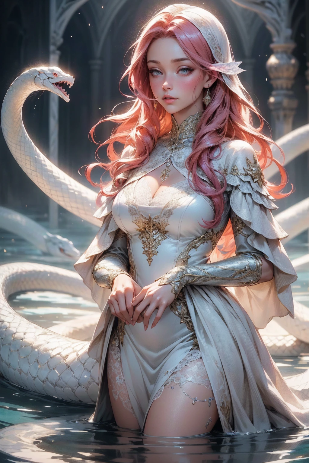 {-erro_de_anatomia:1.0}(best quality,4k,8k,highres,masterpiece:1.2), ultra-detailed, (realistic,photorealistic,photo-realistic:1.37), mature milf, illyasviel von einzbern, redhead hair, upper body, vibrant colors, glowing skin, mesmerizing eyes, brown eyes, elegant pose, enchanting background, delicate lace dress, surreal lighting, ethereal atmosphere, mystical aura, intricate details, artistic medium, digital illustration, fantasy, anime, walking on the water, kissing a white snake