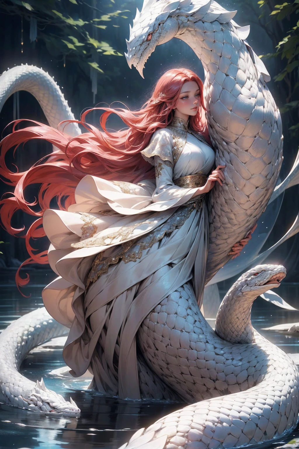 {-erro_de_anatomia:1.0}(best quality,4k,8k,highres,masterpiece:1.2), ultra-detailed, (realistic,photorealistic,photo-realistic:1.37), mature milf, illyasviel von einzbern, redhead hair, upper body, vibrant colors, glowing skin, mesmerizing eyes, brown eyes, elegant pose, enchanting background, delicate lace dress, surreal lighting, ethereal atmosphere, mystical aura, intricate details, artistic medium, digital illustration, fantasy, anime, walking on the water, kissing a white snake
