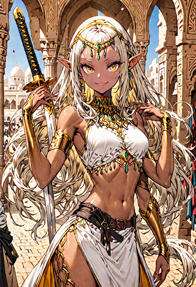 solo:1.4, female, sfw, medium shot, four arms, copper skin, long hair, platinum blonde hair, silky hair, braided hair, pointed ears, slim waist, bandit, Arabian, marketplace, curved sword, golden eyes, smile, abs, dagger , ((extra arms:1))