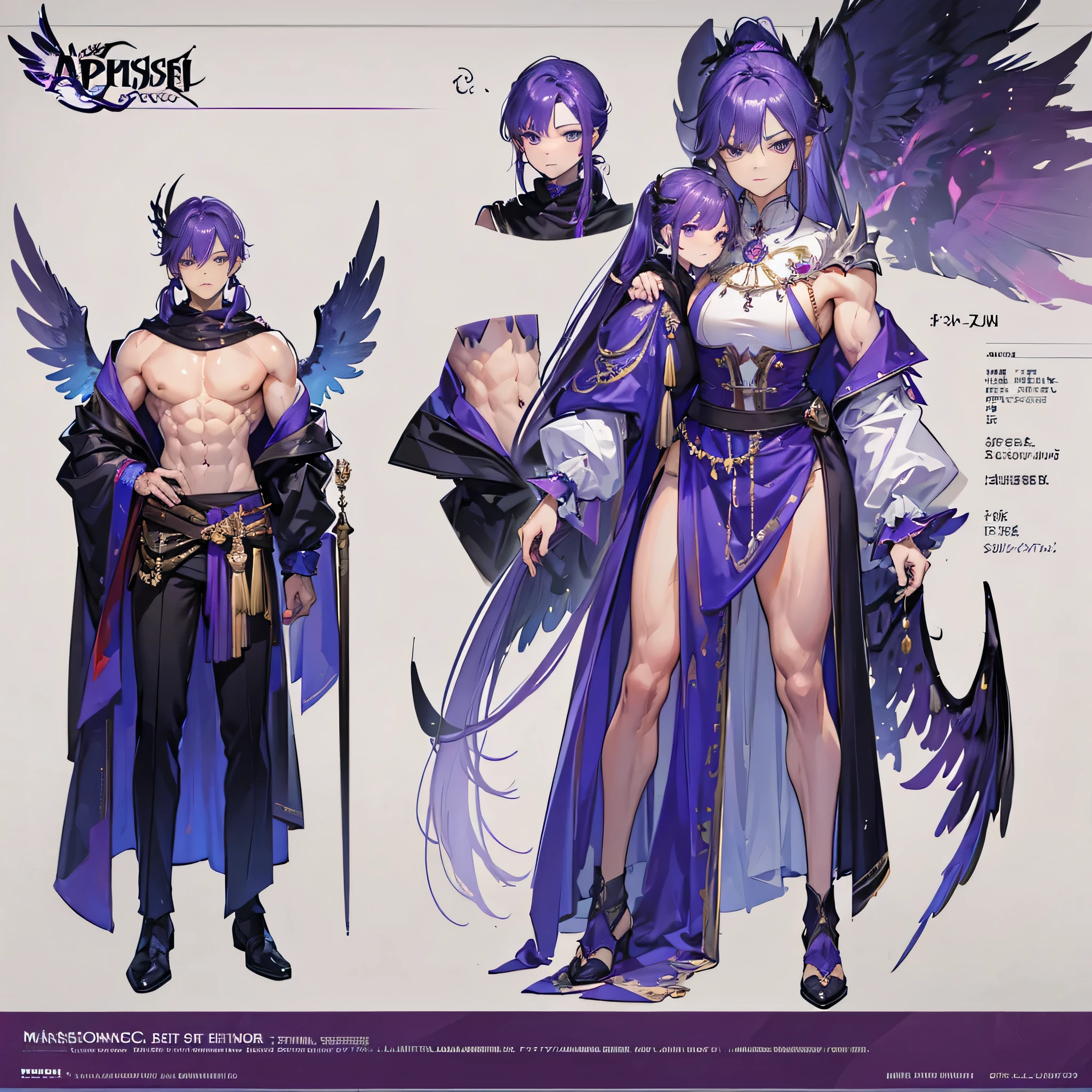 ((Masterpiece, Highest quality)), Male, boy, Detailed face, character design sheet,full bodyesbian, Full of details, frontal body view, back body view, Highly detailed, character sheet, reference sheet, character design, Many parts, dark skin, angel wings, purple hair, angel outfit, Muscle boy with purple long ponytail hair,handsome man, male angel , man tall, abs, pectoral muscle