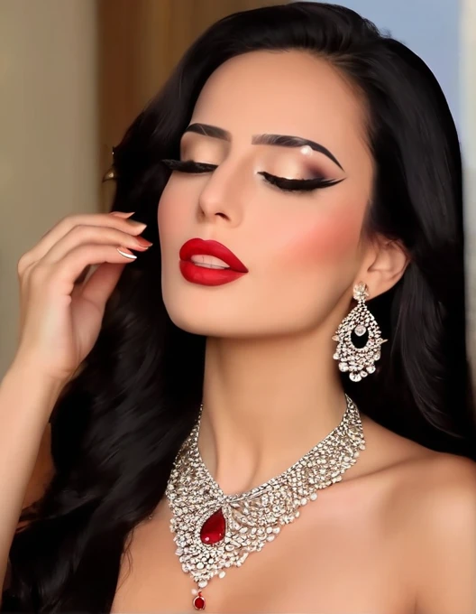 full body shot of a beautiful woman. Capturing the essence of this scene, we see Di1araa, a stunning woman with long cascading black hair and striking brown eyes, gracefully applying her makeup while wearing an intricate necklace and red lipstick, accentuating her naturally full lips and perfectly framing her flawless skin. As she closes her eyes for a moment of serenity, the light gently caresses her features, emphasizing the delicate contours of her face and capturing every detail of her beauty in this breathtaking moment. Di1araa.s 