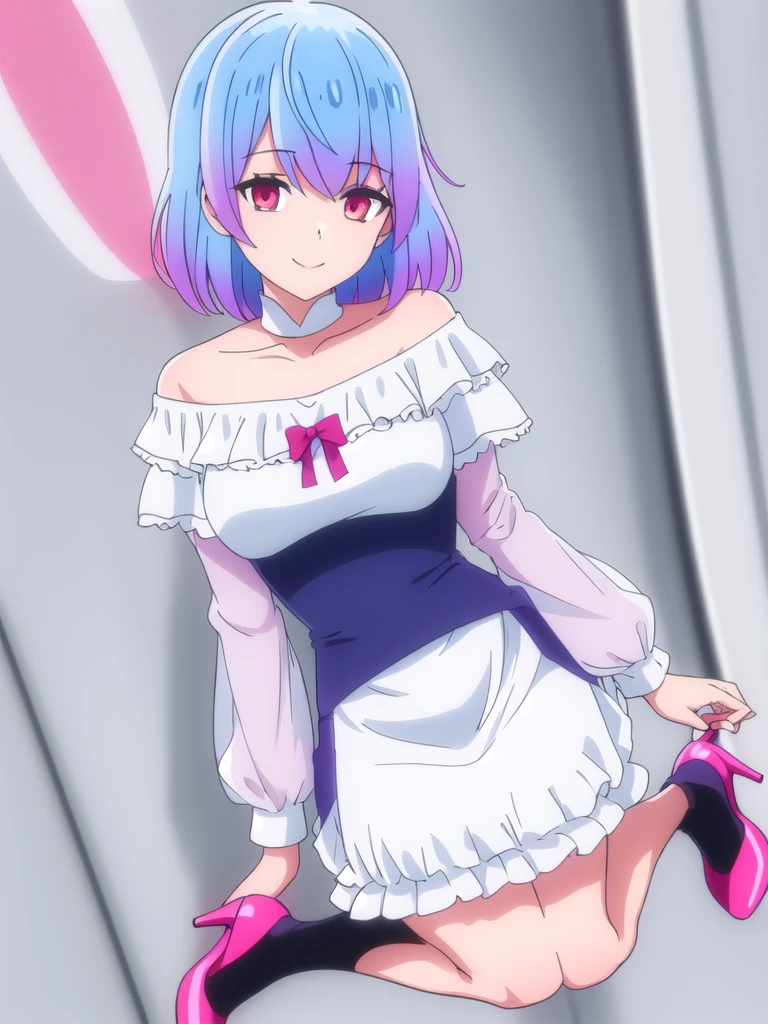 ((Best quality))), ((Ultra-detailed)), ((illustration)), ((Disheveled hair)), ((frilld)), (1 girl), (Solo), 1girl, looking_at_viewer, solo, standing, rating:safe, breasts, capelet, cleavage, clothes_pull, clothing, dress, female, footwear, high_heels, short_hair, makaria, shoes, skirt, skirt_hold, skirt_lift, skirt_pull, smile, white_dress, pink_footwear, pink_shoes
blue_hair,red_eyes,
