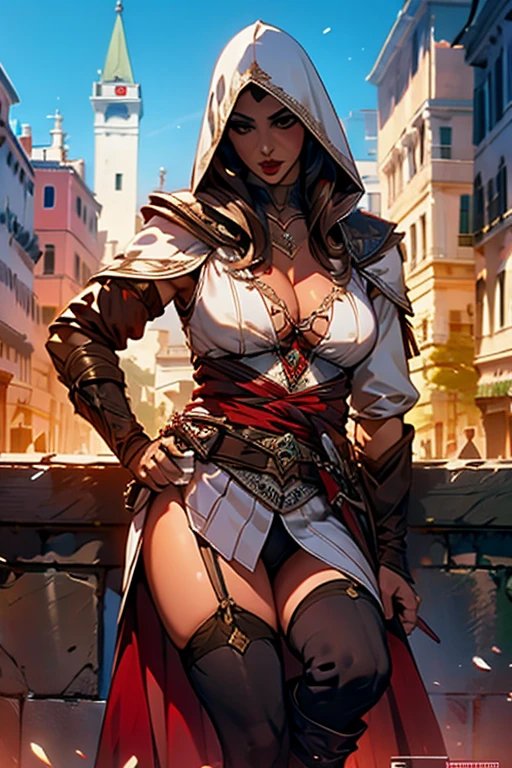 La mujer, poca ropa, ropa, botas hasta la rodilla, Pulseras en las piernas, medias, stockings, Ciudad medieval al fondo,Venice, Venecia, noche, night, Renacimiento,renaissance, muy detallado, Realistic long-term photography., 4k, pelo largo, brown hair, By the chestnut, labios rojos,hood, capucha, brazalete, sexy,red lips, brown eyes, big breasts, pechos grandes, breasts, Lucia Auditore