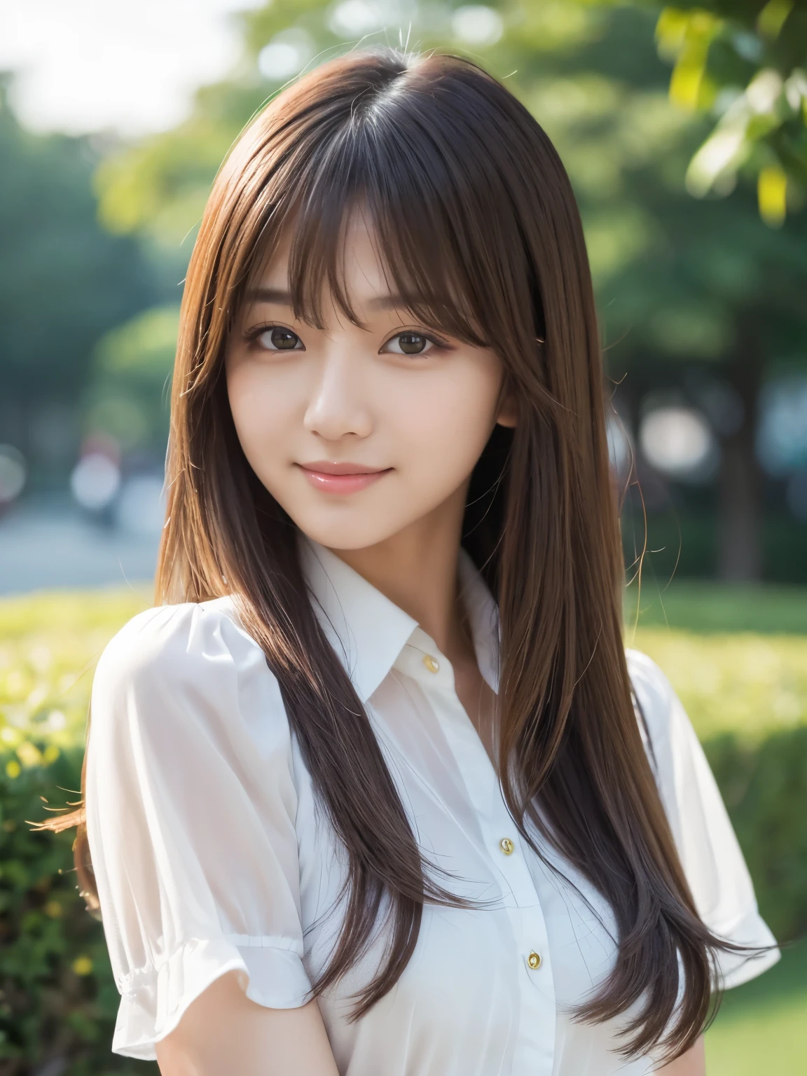 masterpiece, 1 beautiful girl, Fine Eyes, Puffy eyes, highest quality, Super A High resolution, (Realistic: 1.4), Cinema Lighting, Japanese, Asian Beauty, so beautiful, Beautiful Skin, thin , (Surreal), (High resolution), (8k), (High resolution), (Beautiful and detailed), (Very detailed), (wallpaper), Detailed face, Bright lighting, Professional Lighting, art (The costume is a short-sleeved blouse.), Very long hair, Messy Hair, Asymmetrical bangs, Brown Hair, Japanese Idol, Korean Idol, Idol Pose, 235 years old, expensive, smile, Park background in the afternoon, ((Forward posture)),