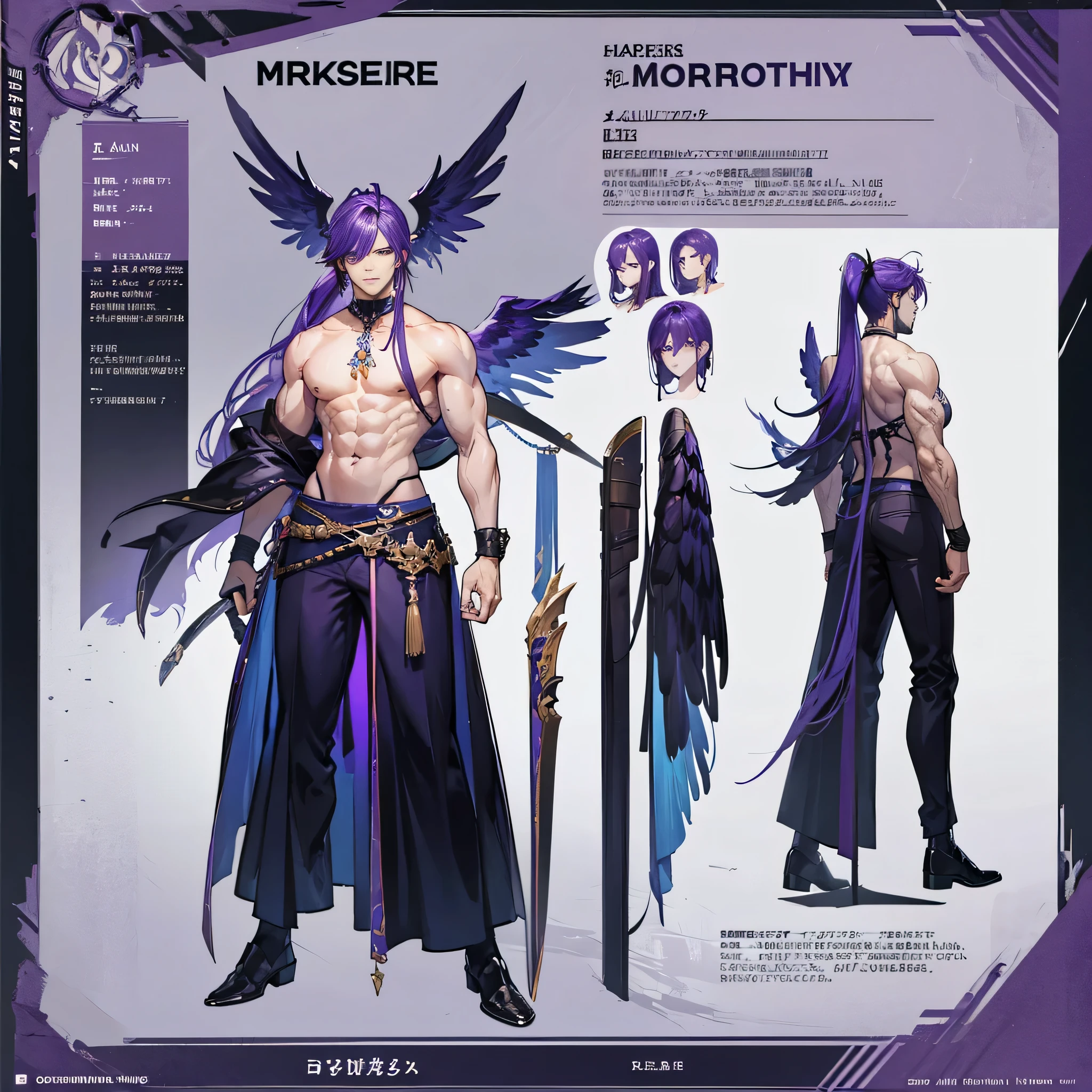 ((Masterpiece, Highest quality)), Male, boy, Detailed face, character design sheet,full bodyesbian, Full of details, frontal body view, back body view, Highly detailed, character sheet, reference sheet, character design, Many parts, dark skin, angel wings, purple hair, angel outfit, Muscle boy with purple long ponytail hair,handsome man, male angel , man tall, abs, pectoral muscle