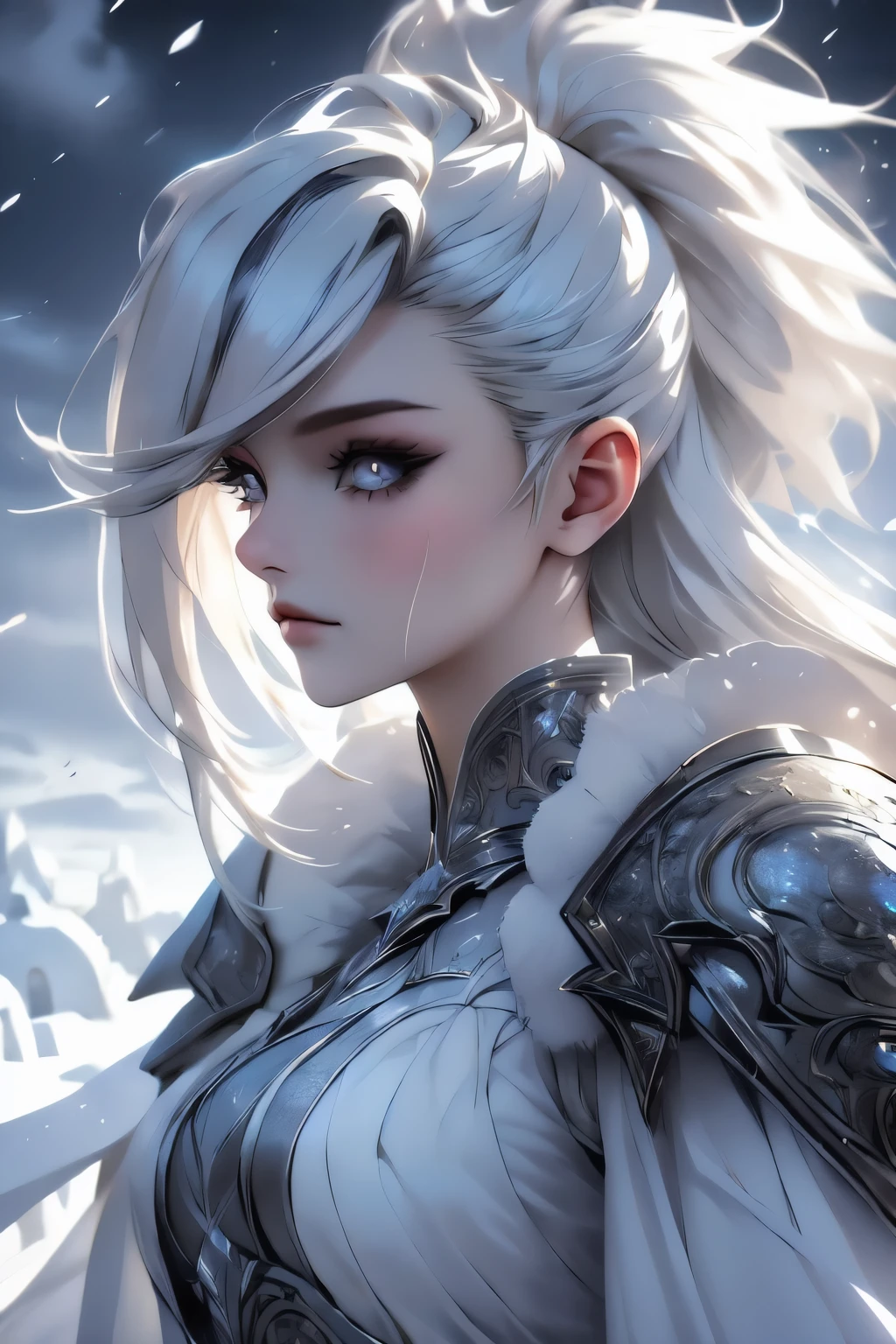 ((high quality:1.2, masterpiece:1.2)), 1girl, beautiful face, white hair, grey eyes, dynamic pose, (death knight, fantasy), (face shot, upper body), fantasy, (noon, ice castle background:1.2), majestic clouds, absurdres, high details, detailed and intricate, best lighting, sharp focus, realistic lighting