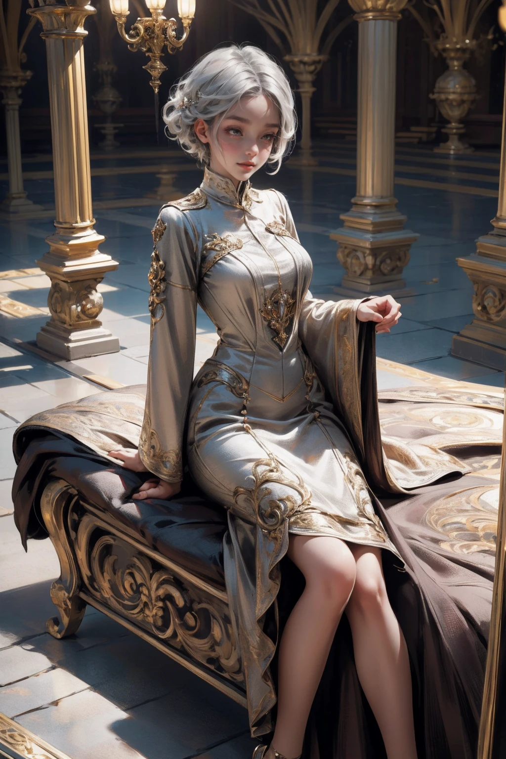 { - anatomy error}(Masterpiece - Ultra-detailed, very high resolution) Prepare to be enchanted by a true masterpiece that combines ultra-detailed art with high-resolution rendering. This work depicts a mesmerizing woman with short white hair (1.3) and captivating gray eyes (1.2), emanating an aura of elegance and mystery in Victorian settings. The intricate details and realistic textures invite you to explore every aspect of this enchanting composition. Woman wearing beautiful classic Victorian costume from the year 1878. Red lips. Happy face. Smiling. light brown (gold) dress. Laying on the ground, whole body. dynamic poses. Get ready to dive into a world where beauty and craftsmanship merge perfectly.