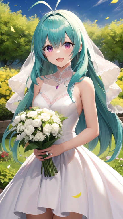 masterpiece, best quality, highres, Run Elsie Jewelria, solo, long hair, antenna hair, purple eyes, wedding dress, white dress, standing, cowboy shot, holding bouquet, smile, open mouth, confetti, garden,