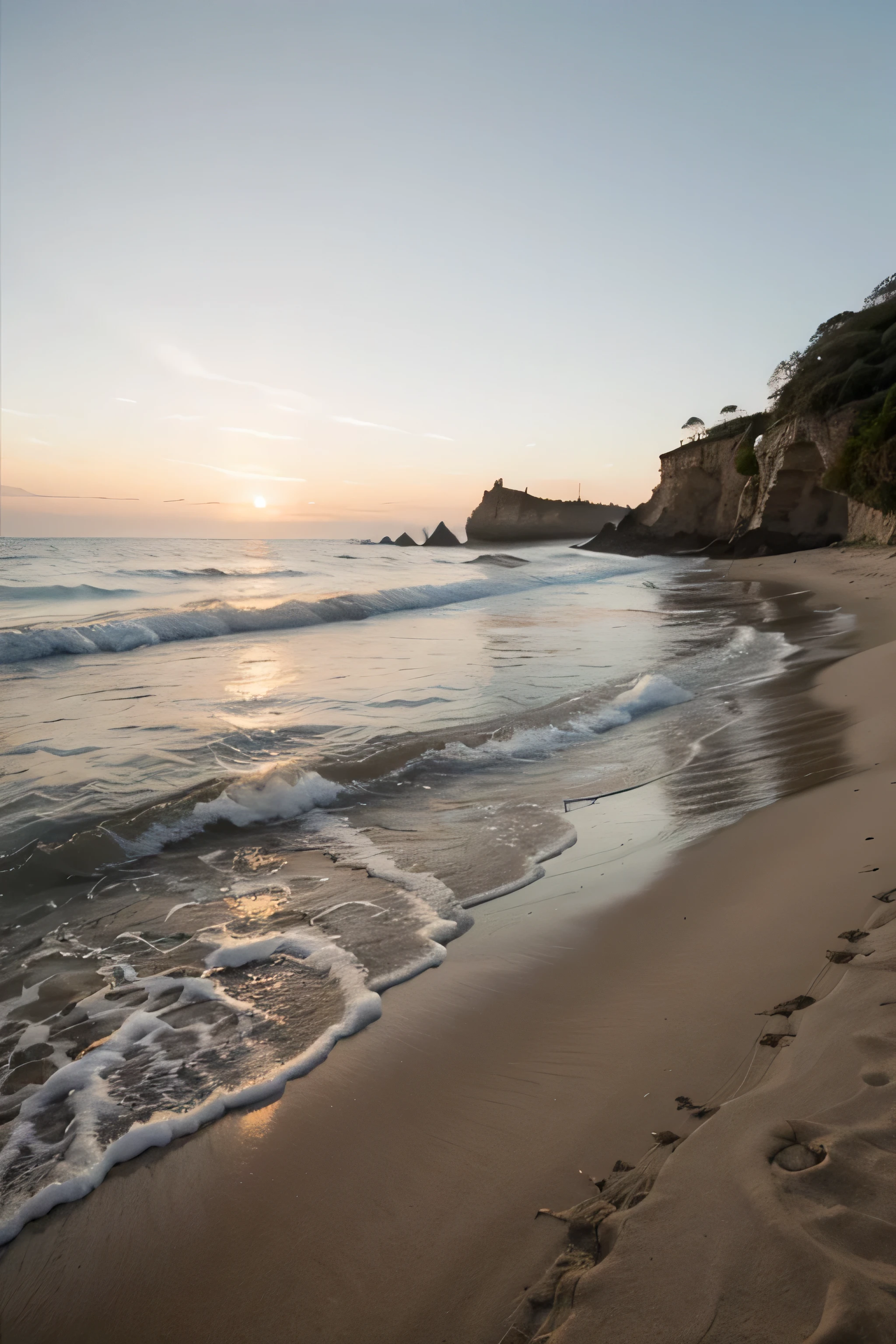 Una playa con un lindo atardecer d fondo 