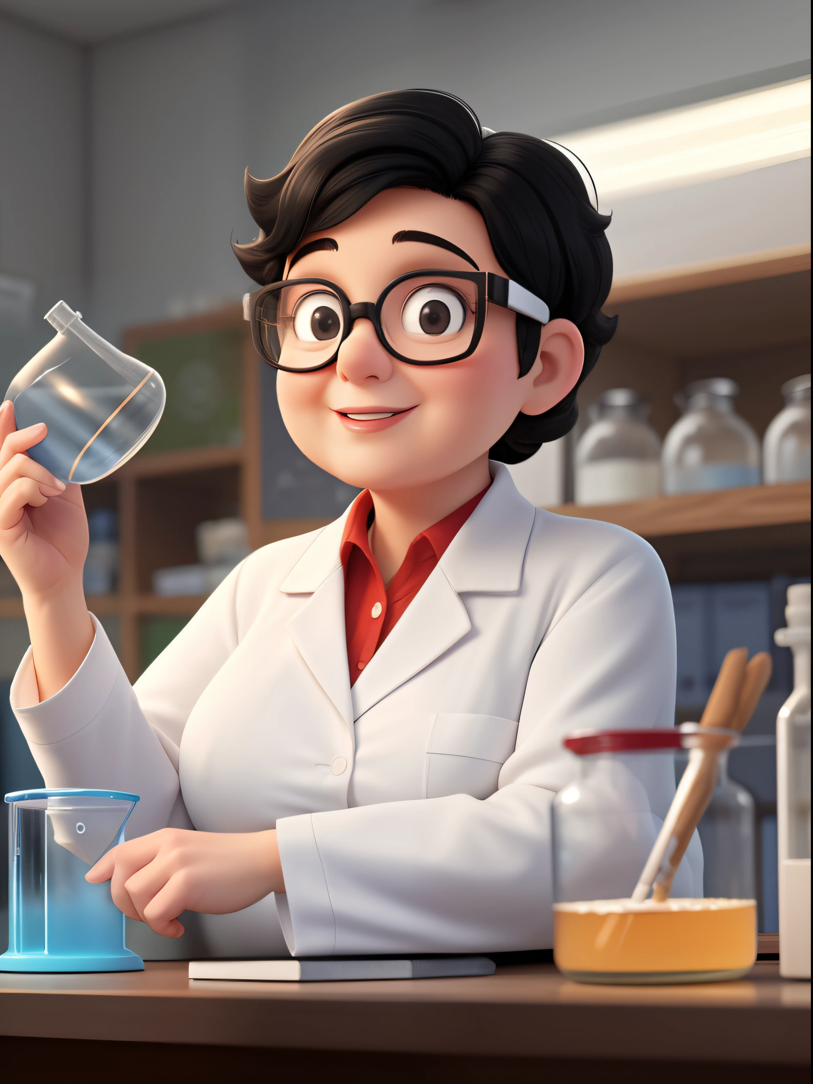 Uma cientista gorda de 50 anos com roupas brancas, Rosto redondo, cabelo preto muito curto, wearing round, thin-rimmed glasses, Doing Chemistry Experiment, working in a cluttered laboratory