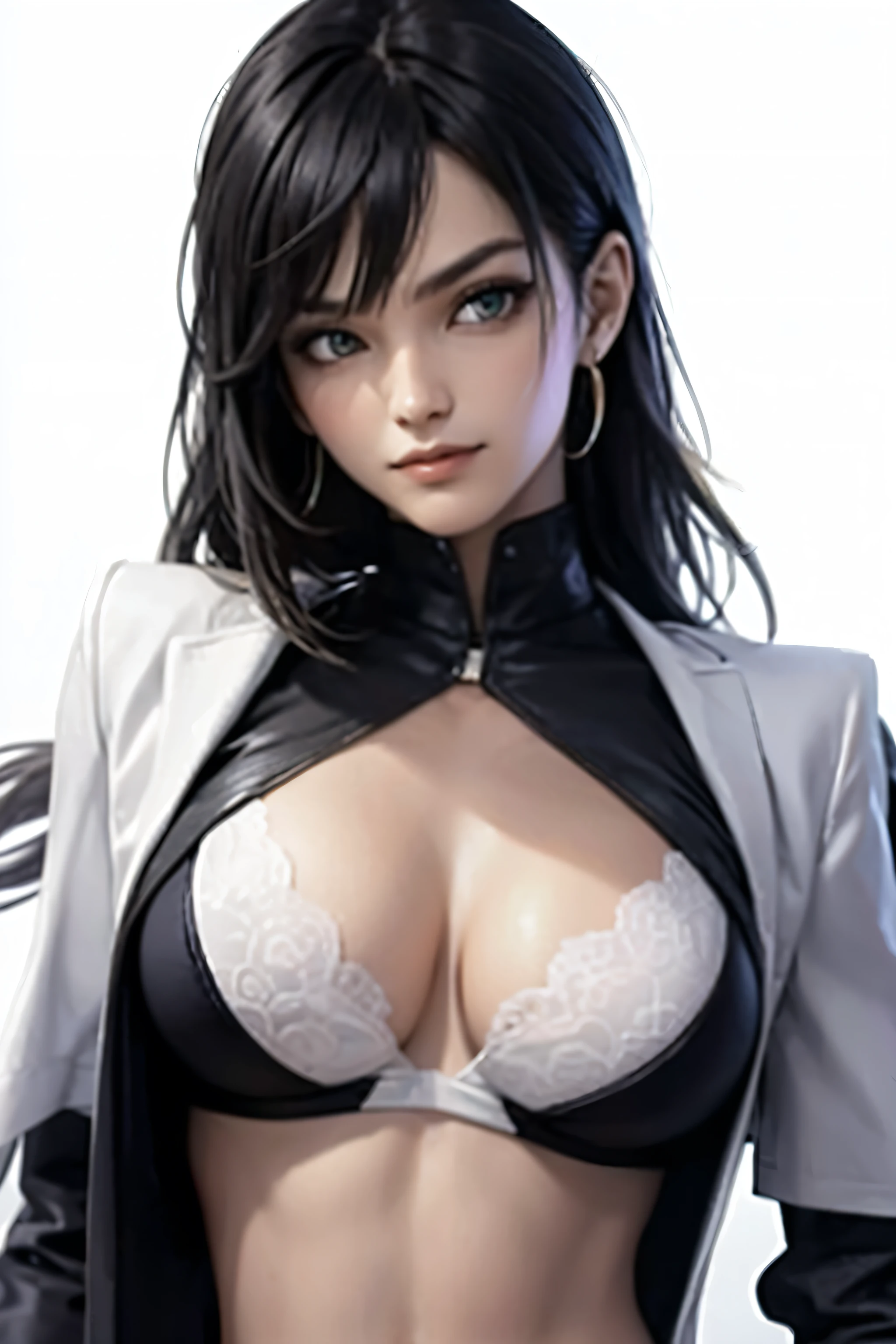 Leo de Tekken de sai curta preto, cabelos curtos loiros e olhos verdes claros, in a white blouse with low neckline and black bra, sorriso cativante, olhar sensual