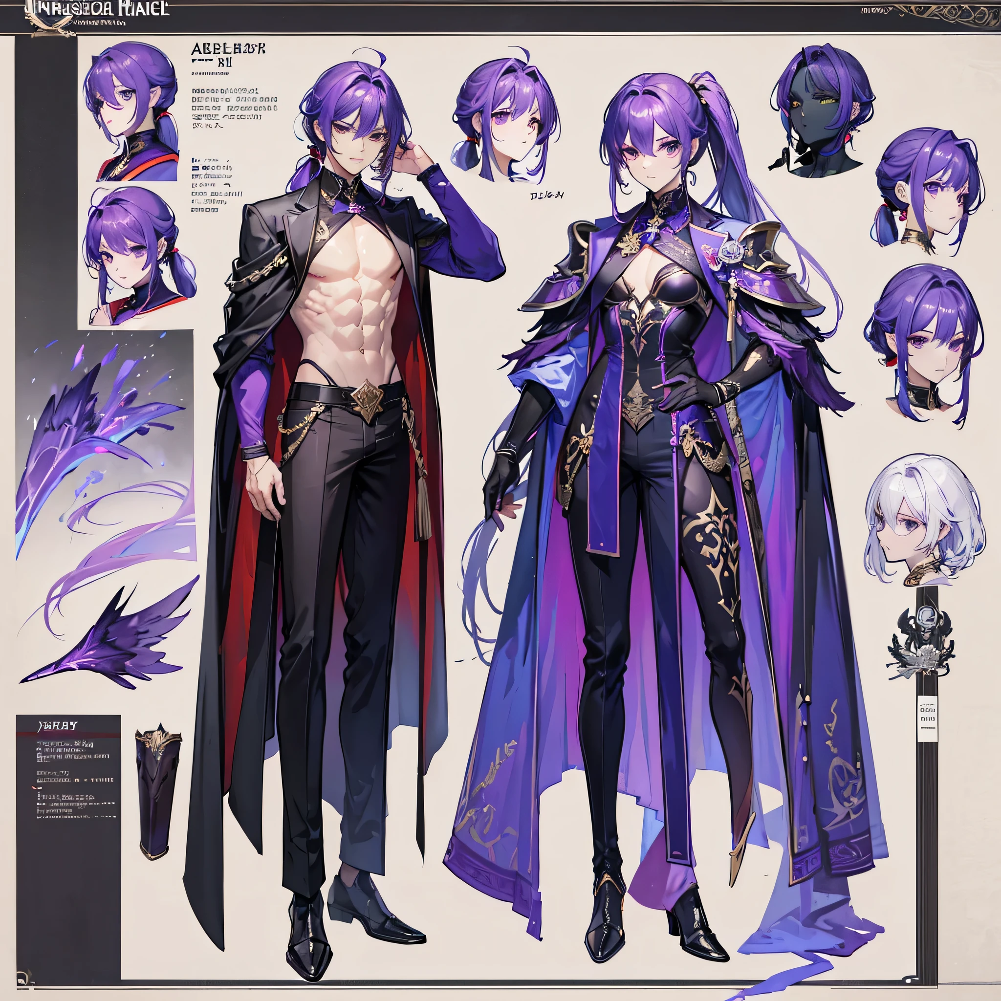 ((Masterpiece, Highest quality)), Male, boy, Detailed face, character design sheet，full bodyesbian, Full of details, frontal body view, back body view, Highly detailed, character sheet, reference sheet, character design, Many parts, dark skin, angel wings, purple hair, angel outfit, Muscle boy with purple long ponytail hair，handsome man, male angel , man tall, abs, pectoral muscle