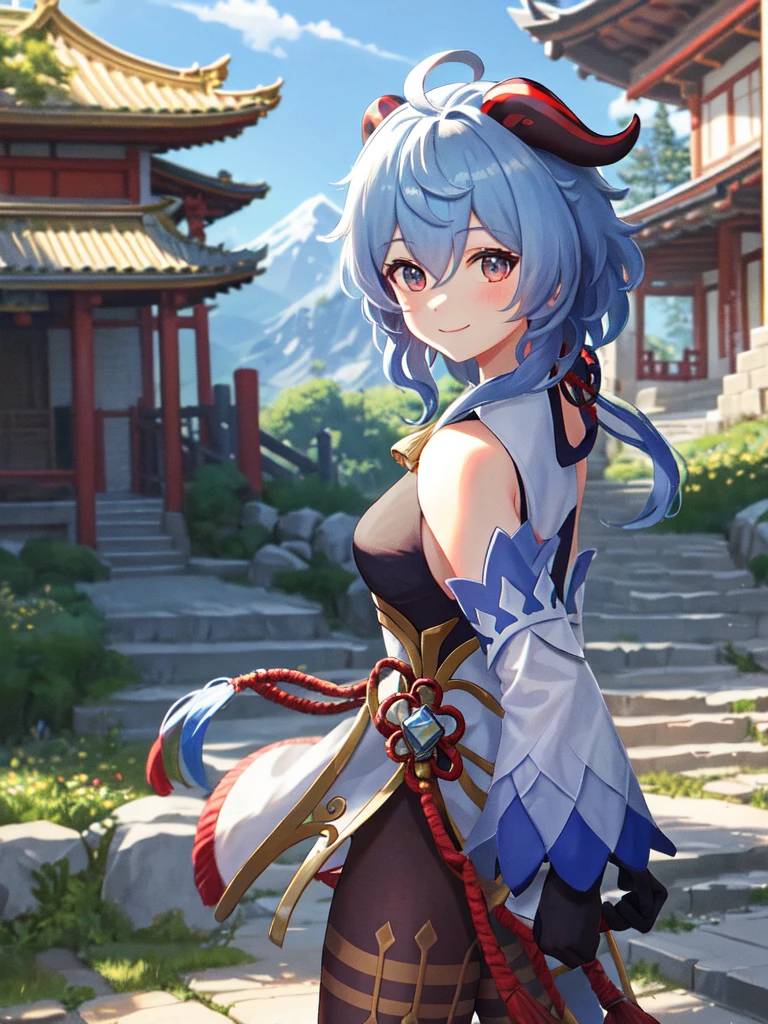 ganyudef, upper body, smile, blush, outdoors, day, simple background, blue sky, short hair, sky, temple, looking at viewer, stairs, mountain, moody lighting,