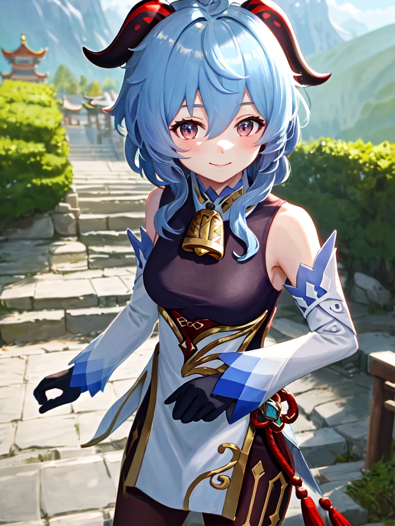 ganyudef, upper body, smile, blush, outdoors, day, simple background, blue sky, short hair, sky, temple, looking at viewer, stairs, mountain, moody lighting,