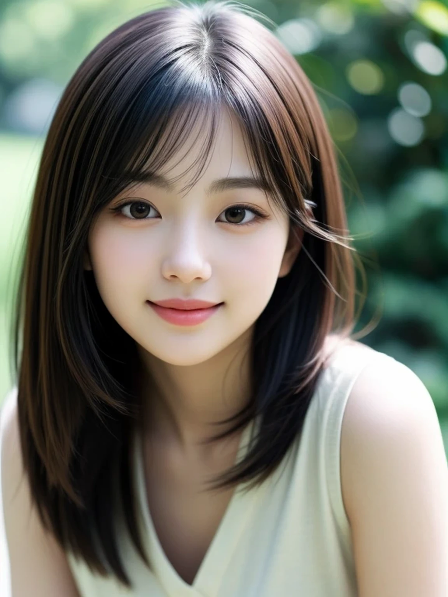 Beautiful Japanese Woman, Soft skin and a nice perfect face, A small face with a nose and rosy lips, Beautiful Eyes, Beautiful smile. black, Surrounded by a bright, ethereal glow、Thin, long, beautiful hair. A loose, short hairstyle with gradation highlights and layers of greyish beige, Navy skirt, Hyperrealistic female photos, High quality high resolution 8K masterpiece