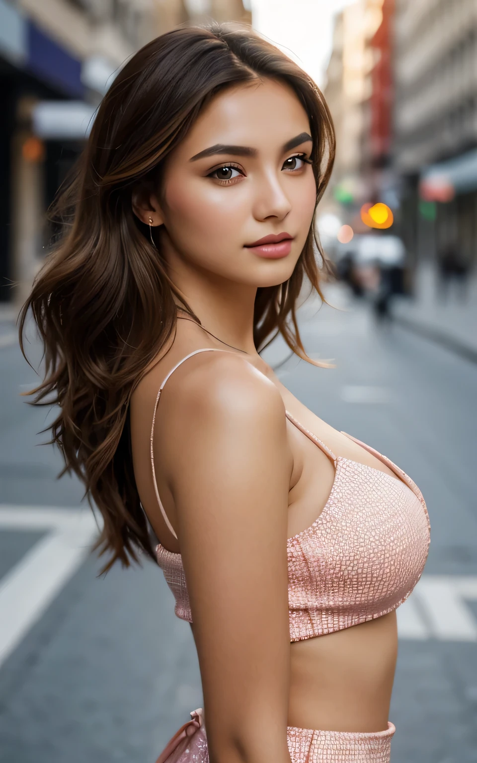 photography of full body stunning girl, stand in the city, Kazakhstan girl,  enjoying, girl, summer, hot girl, (((medium bust))), brunette hair, long_hair, looks into the camera, full body, symmetrical face, photorealistic, photography, spectacular lighting,, gorgeous, cleavage, western, (masterpice), best quality, high resolution, extremely detailed, skin with pores, blurred background, depth of field, cinematic lighting