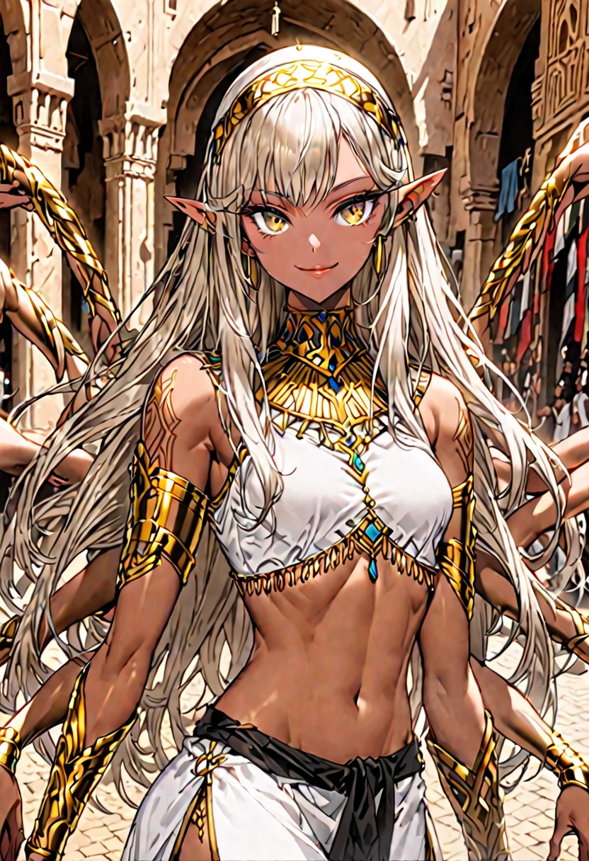 solo:1.4, female, sfw, medium shot, four arms, copper skin, long hair, platinum blonde hair, silky hair, braided hair, pointed ears, slim waist, bandit, Arabian, marketplace, golden eyes, smile, abs, dagger , ((extra arms:1.3))