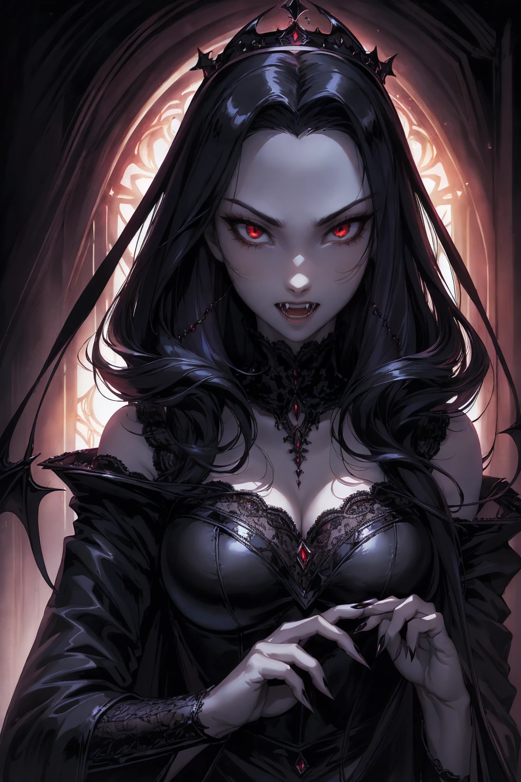 absurdres, ((stunning female Vampire))), goth Renaissance, (long black hair:1.erfect and detailed angular sharp oval shaped face, ((redeyes)), jewelry, red and black tetradic colors, full lips, gothic castle background, (solo), perfect anatomy, approaching perfection, ethereal, intricate details, ultra-high definition, 12k resolution, goth aesthetic, smooth, sharp focus, dreamy, glowing, backlit, glamour, glimmer, fantastical, shadows, smooth, Gothic crown, perfect hands, one finger in her mouth