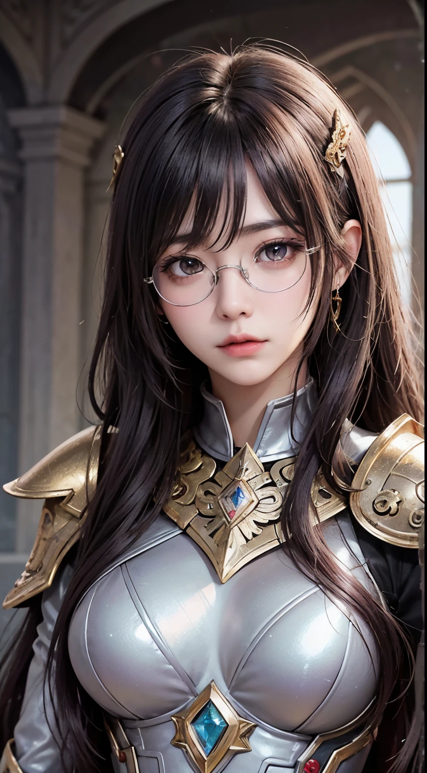 background（Black Night Sky，Big Moon），Woman close up，Wearing armor、Purple Hair，Very long hair，very thick braids，Purple eyes，big 、((((Glasses))))、realistic girl rendering, 8k artistic german bokeh, Enchanting girl, Realistic girl, Gurwitz, Gurwitz-style artwork, Girl Roleplay, Realistic 3d style, cgstation Popular Topics,, 8K Portrait Rendering,（truth，truth：1.4），Put on your armor，巨big ，Sparkling eyes，Purple eyes、 1. Goddess of War, A temple in the ruins of a ruined empire々Standing Up Together, (Dynamic posture: 1.3), Thick armor reveals the heart of the conflict, (Finer details), Shine, Places with strong light, (armor of historical importance:1.2), Shine Metal Armor, ((((Glasses))))、(Shine magic symbol on armor:1.3), (There was magic all around her.:1.3), Long black hair waving in the wind in every detail, Detailed Weapon Holding, (Sharp Sword, Shine:1.3), Shine eyes filled with determination and vision, ((Silver Armor)), A shield that reproduces the symbol of immovability with ultra-precision., (intense expression:1.1), (After her, A new empire is soaring into the sky: 1.4), (Light is、Highlighting her dominance and rebirth behind the scenes:1.4), (Fiery red flags fluttered:1.1), (The wind carries whispers of new beginnings:1.1), (Wisdom and Regeneration:1.2), (Strong stance:1.2), (Overwhelming Mystical Power:1.2), alone, (Shine sweat:1.1), gem armor, (The contrast between silver and gold:1.3), (The overall red color covers the scenery:1.4)"