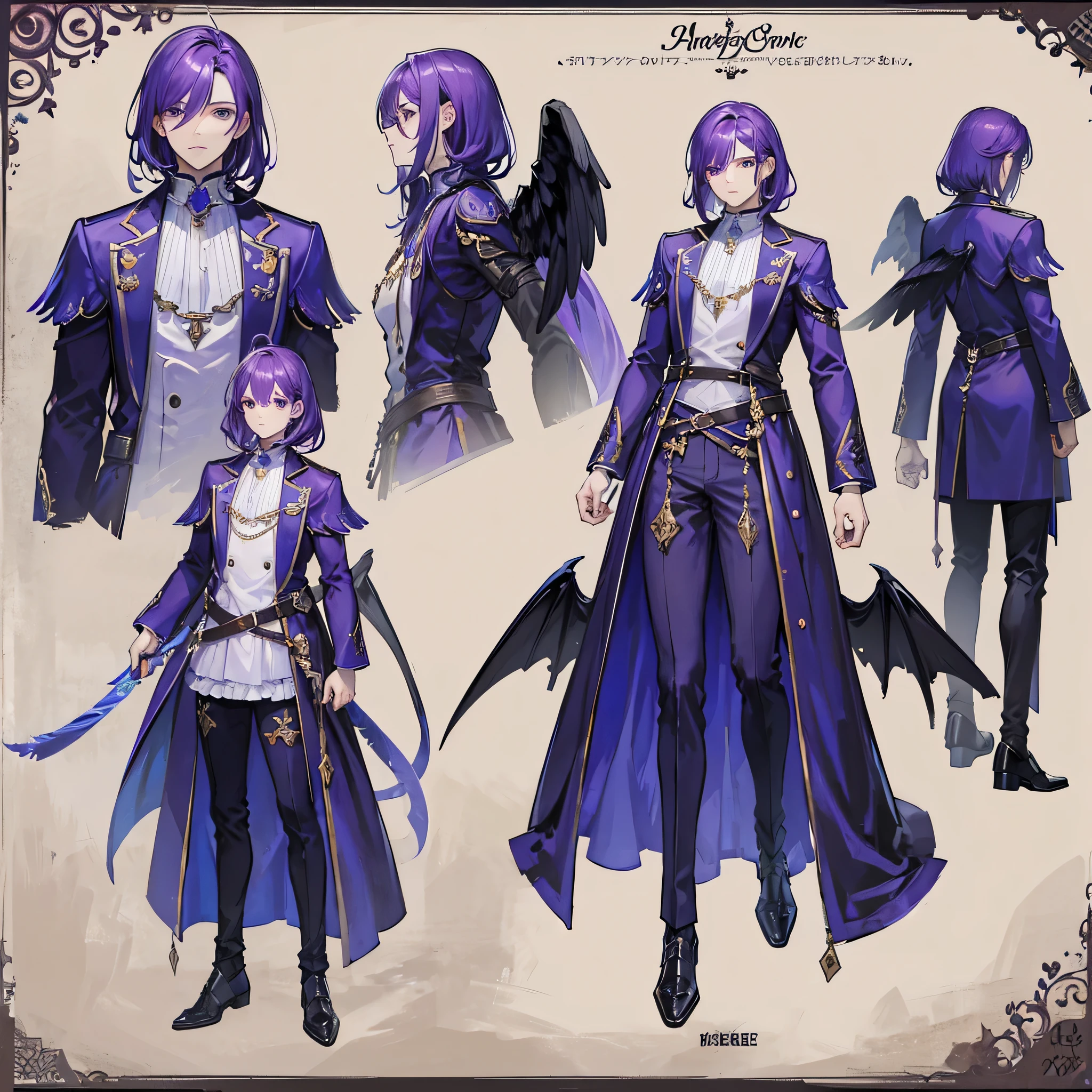((Masterpiece, Highest quality)), Male, 1 boy, Detailed face, character design sheet,full bodyesbian, Full of details, frontal body view, back body view, Highly detailed, character sheet, reference sheet, character design, Many parts, dark skin, angel wings, purple hair, angel outfit, Muscle boy with purple hair,handsome man, male angel , man tall,