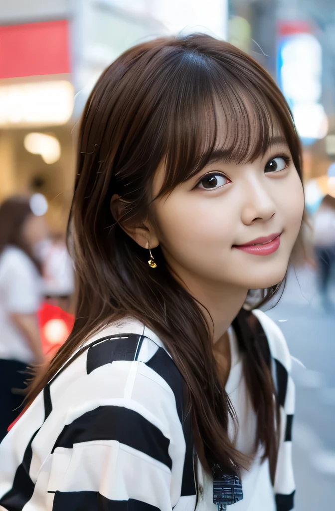 Araffe asian woman with long brown hair and a black and white striped ...
