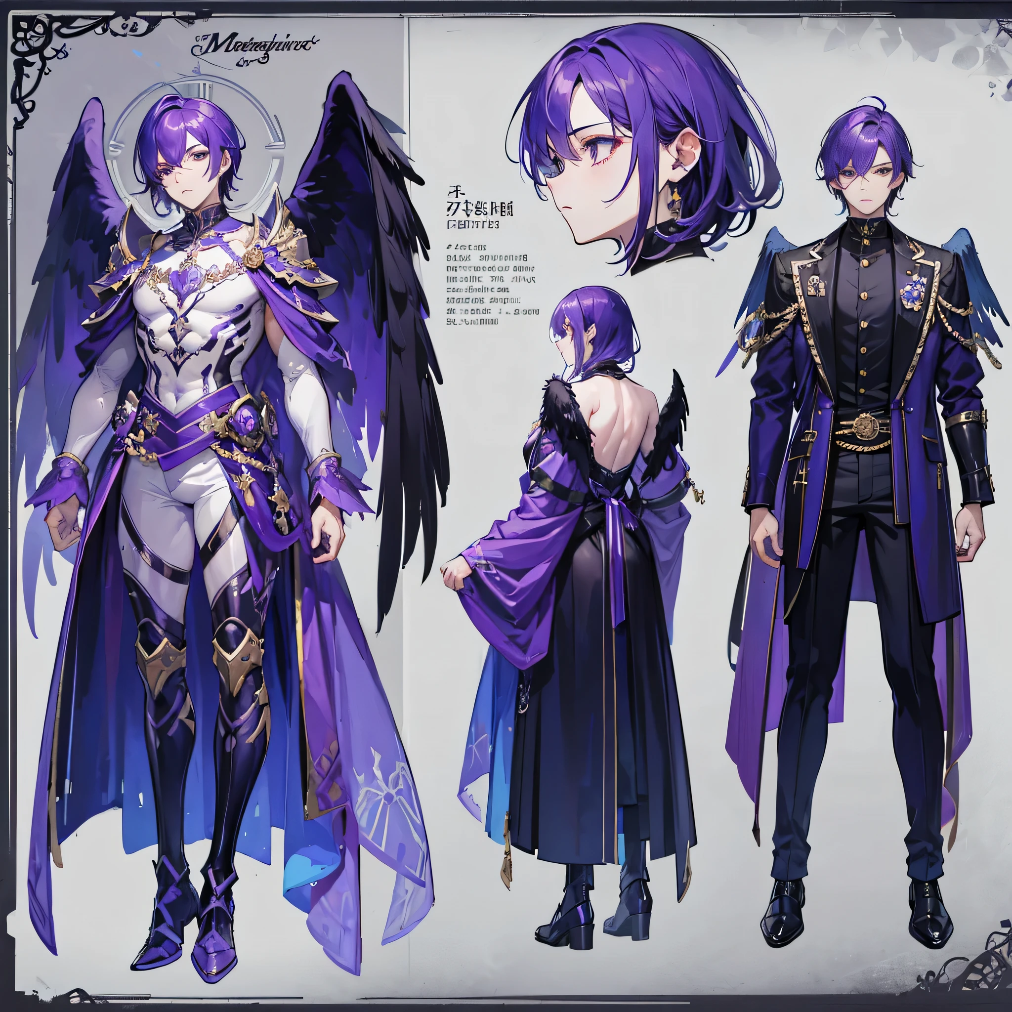 ((Masterpiece, Highest quality)), Male, 1 boy, Detailed face, character design sheet，full bodyesbian, Full of details, frontal body view, back body view, Highly detailed, character sheet, reference sheet, character design, Many parts, dark skin, angel wings, purple hair, angel outfit, Muscle boy with purple  hair，handsome man, male angel , man tall, 