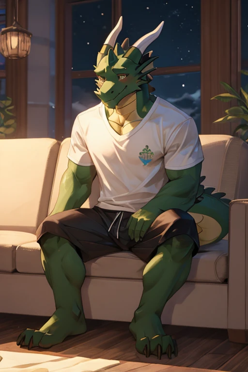 A black and green dragon watching something and blushing while sitting on the couch and in shorts
