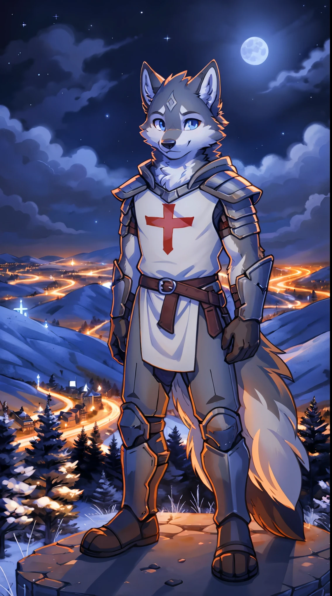 a full body, anthropomorphic grey wolf kid wearing a templar armor, wolf face, cute face, glossy fur, big fluffy neckfur, posing for a picture in a hill at night with a city in the distance