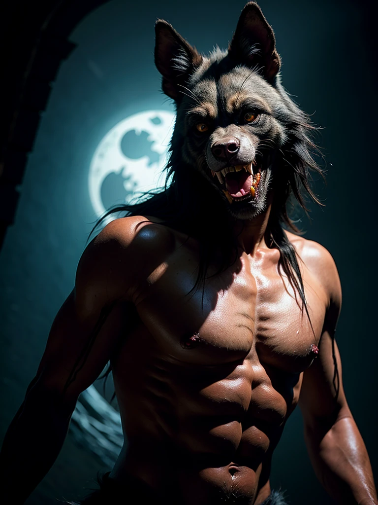 Raw photo, horror photoshoot, werewolf, gothic lights