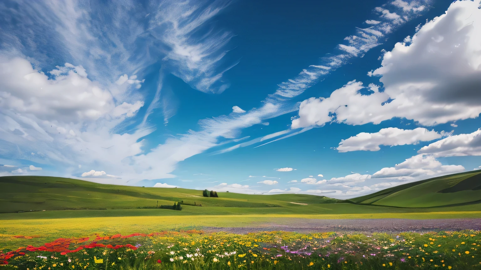 absurdres,incredibly absurdres,realistic,photo,real,landscape/scenery,Cinematic Lighting,photo_(medium),in spring,day,nature,in a meadow,flower,flower_bloom,landscape,wide_shot,flower field,sky,Cirrocumulus,